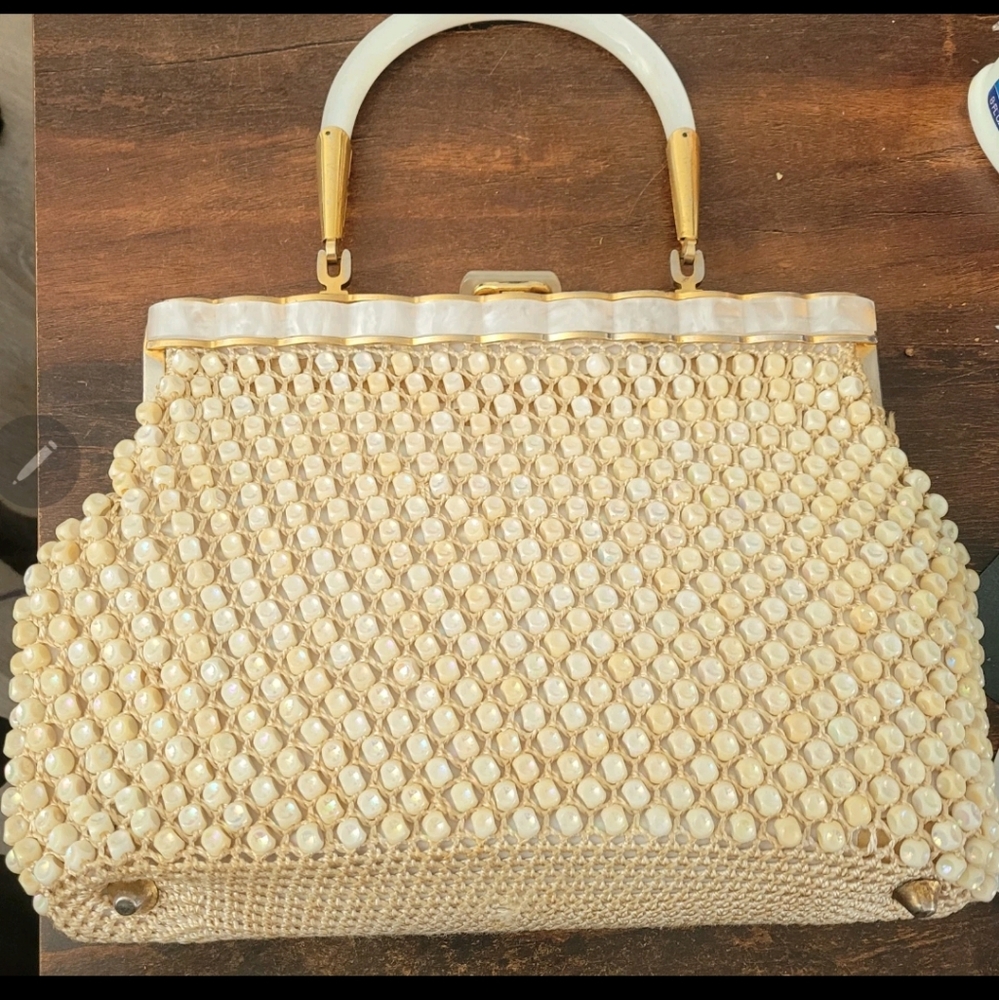 VTG Adele Handbags Miami FL Mermaid Pearl Beaded Crocheted Lucite